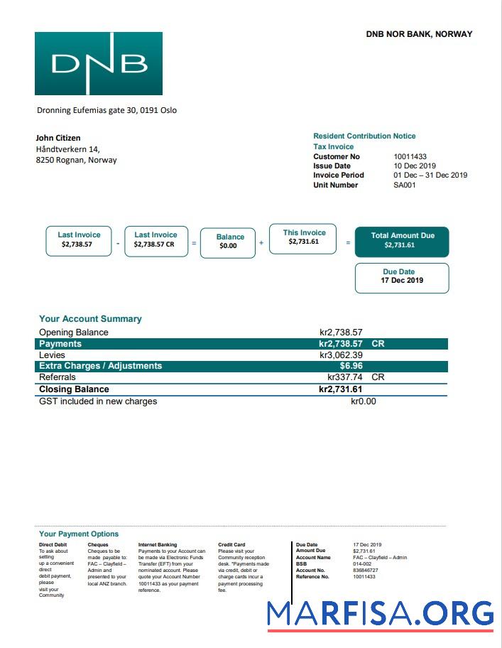 Blank Norway DNB utility bill template in Word and PDF format